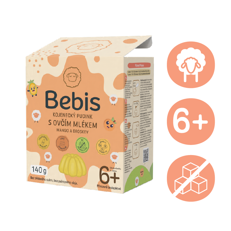 Bebis Kojenecký pudink s ovčím mlékem – mango a broskev, 140 g, VÝPRODEJ - 1+1, min.datum trvanlivosti 31.5.26